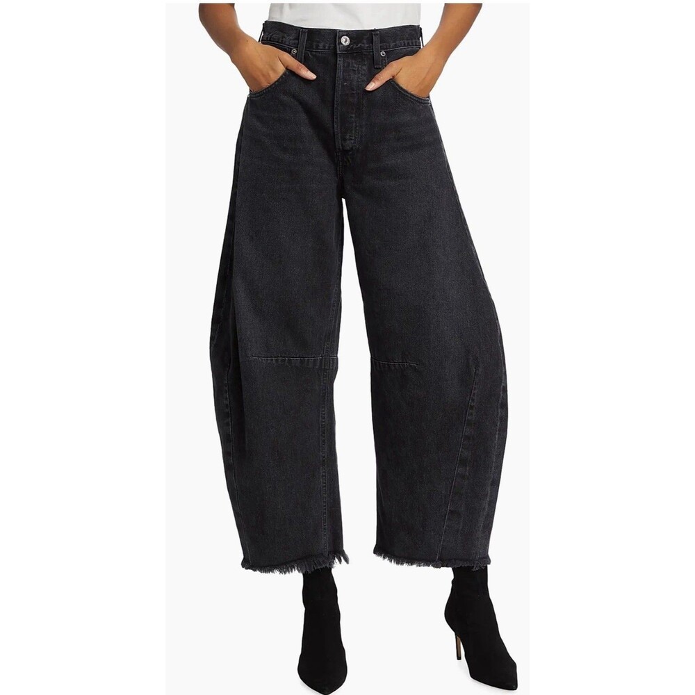 Citizens Of Humanity Horseshoe Barrel Leg Jeans Black Sonnet Fray Hem Size 23